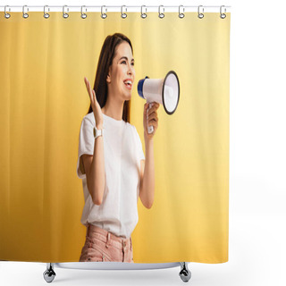 Personality  Happy Girl Speaking In Megaphone While Standing With Open Arm And Looking Away On Yellow Background Shower Curtains