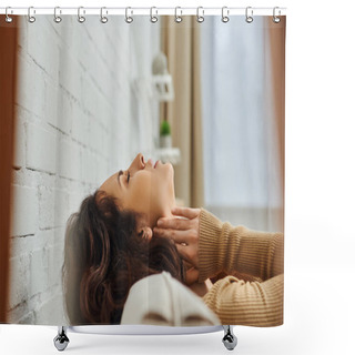 Personality  Side View Of Relaxed Brunette Woman In Brown Jumper Massaging Lymphatic Nodes On Neck During Nurturing Self-care On Couch At Home, Self-care Ritual And Holistic Healing Concept, Tension Relief Shower Curtains