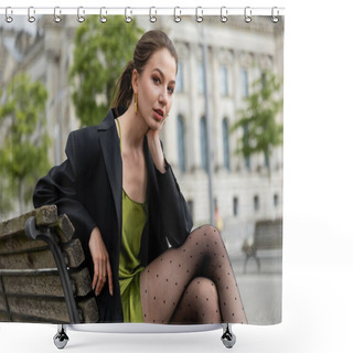Personality  Young Woman In Blazer, Silk Dress And Tights Looking At Camera While Sitting On Bench In Berlin Shower Curtains