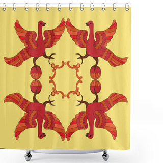 Personality  Ornamental Vector Illustration Of Mythological Birds. Red Phoenix Birds On The Yellow Background. Folkloric Motive. Fairy Tales, Stories, Myths And Legends Decoration. Shower Curtains