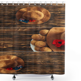 Personality  Collage Of Artificial Flowers, Felt Hats And Australian Flags On Wooden Surface, Anzac Day Concept  Shower Curtains