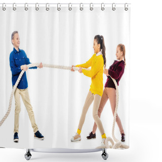 Personality  Cheerful Boy And Two Schoolgirls Pulling Rope Isolated On White Shower Curtains