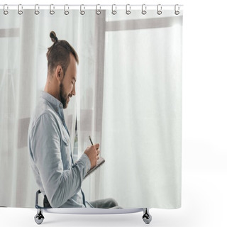 Personality  Man Writing In Notebook In Front Of Window  Shower Curtains