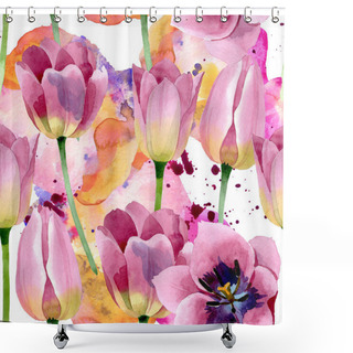 Personality  Pink Tulips Floral Botanical Flowers. Watercolor Background Illustration Set. Seamless Background Pattern. Shower Curtains
