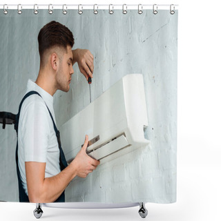 Personality  Handsome Installer Holding Screwdriver While Installing Air Conditioner  Shower Curtains