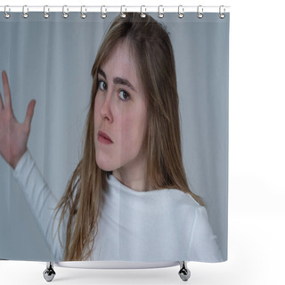 Personality  Annoyed Irritated Young Teenager Girl Looking Angry And Mad. Feeling Frustrated Making Furious Gestures. Close Up Studio Shot Isolated On Neutral Background. People, Facial Expressions And Emotions. Shower Curtains