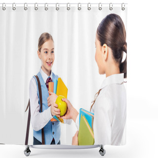 Personality  Schoolgirls In Formal Wear With Books Looking At Each Other And Sharing Apple Isolated On White Shower Curtains