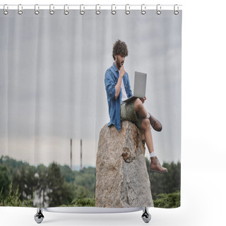 Personality  Digital Nomad, Curly Indian Freelancer Using Laptop, Sitting On Rock, Remote Work Concept Shower Curtains