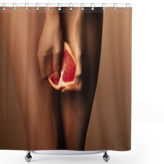 Personality  Cropped View Of Woman In Nylon Tights Squeezing Grapefruit Half Isolated On Brown Shower Curtains