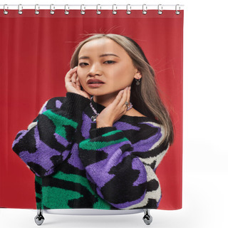 Personality  Beautiful Young Asian Woman With Dyed Hair In Sweater With Animal Print Posing With Hands Near Face Shower Curtains