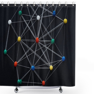 Personality  Top View Of Push Pins Connected With Strings Isolated On Black, Network Concept Shower Curtains