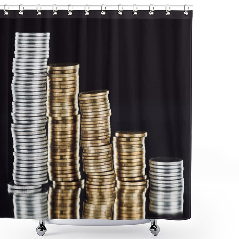 Personality  Stacks Of Silver And Golden Coins On Surface With Reflection Isolated On Black Shower Curtains