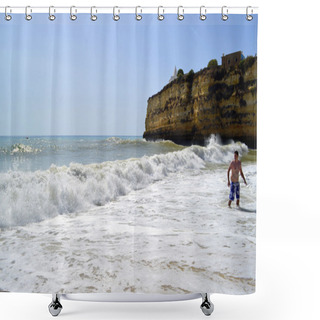 Personality  Tourist Enjoying The Sea On Senhora Da Rocha Beach In Portugal Shower Curtains