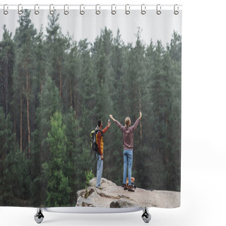 Personality  Back View Of Young Couple With Smartphones Taking Selfie On Rocky Cliff During Rain Shower Curtains