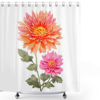 Personality  Watercolor Chrysanthemum Flowers With Orange And Pink Color. Hand Painted Floral Illustration Isolated On White Background. Can Be Used As Element For Wedding Invitations, Greeting Cards Shower Curtains