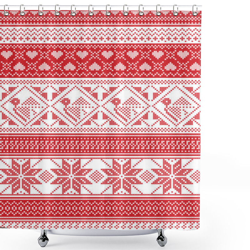 Personality  Nordic style and inspired by Scandinavian Christmas pattern illustration in cross stitch, in red and white including Robin , snowflake, heart, stars, and decorative seamless ornate patterns  shower curtains
