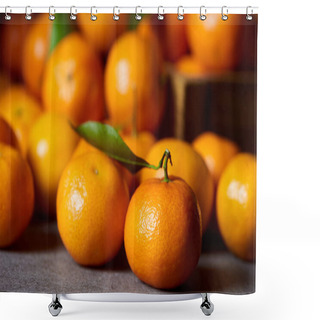 Personality  Selective Focus Of Sweet Orange Clementine Near Tangerines With Green Leaves Shower Curtains