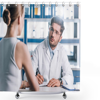 Personality  Selective Focus Of Handsome Doctor Holding Pen And Looking At Patient  Shower Curtains