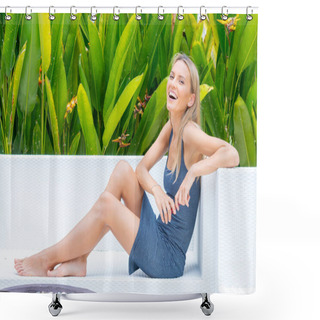 Personality  Young Cheerful Lady In A Blue Dress Using A Smartphone Shower Curtains