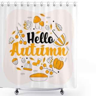 Personality  Hello Autumn Font With Autumnal Season Icons On Peach And White Background. Shower Curtains