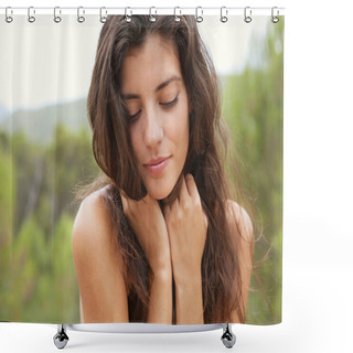Personality  Woman Holding Her Hair And Smiling In Nature Shower Curtains