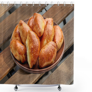 Personality  Plate Of Home Baked Buns Stuffed With Smoked Meat On Wooden Table Shower Curtains