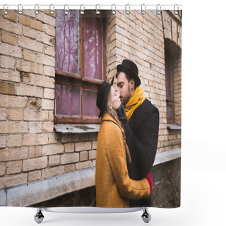 Personality  Attractive Young Couple Kissing Beside Building Shower Curtains