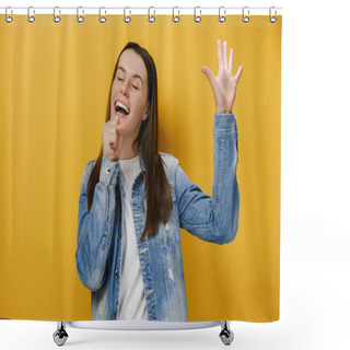 Personality  Carefree Joyful Millennial Woman Sings Favorite Song, Holds Hand As Microphone Near Mouth, Raises Palm, Feels Relaxed And Entertained, Enjoys Moment, Wears Denim Jacket, Isolated On Yellow Background Shower Curtains