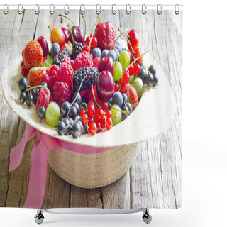Personality  Summer Wild Berry Fruits In The Hat Concept On Vintage Boards Shower Curtains