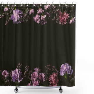 Personality  Beautiful Floral Frame Made Of Fresh Pink And Purple Flowers Isolated On Black Shower Curtains