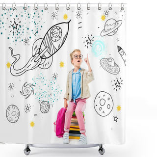 Personality  Excited Schoolchild Pointing Up And Having Idea While Sitting On Pile Of Books With Backpack Isolated On White With Fantasy Universe, Spaceships And Planets Shower Curtains