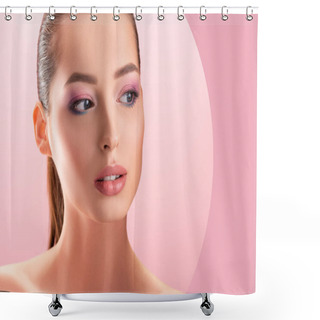 Personality  Beautiful Naked Woman With Shiny Makeup Looking Through Round Paper Hole Isolated On Pink Shower Curtains