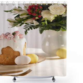 Personality  Delicious Easter Cake Decorated With Meringue Near Colorful Eggs On Plate On Table With Vase Of Flowers And Cutlery Shower Curtains