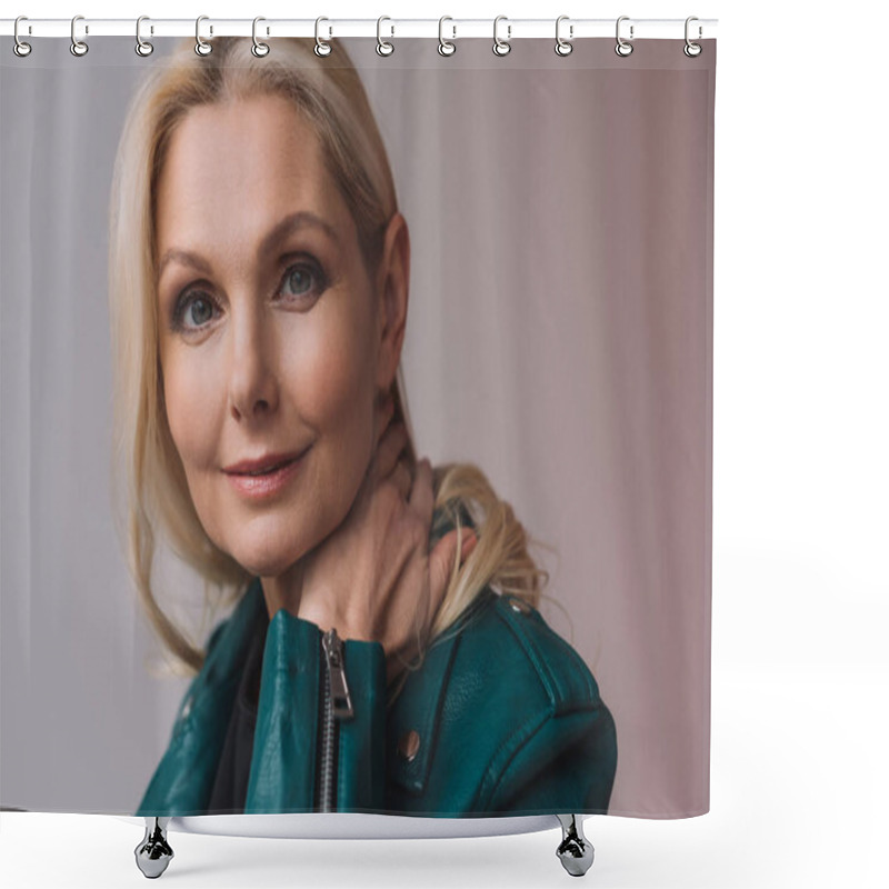 Personality  happy mature woman shower curtains