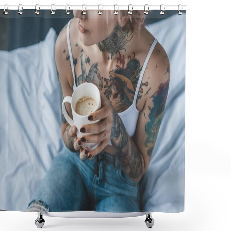 Personality  Cropped View Of Tattooed Girl With Pink Hair Drinking Coffee In Bed At Morning  Shower Curtains