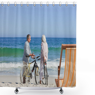 Personality  Elderly Couple With Their Bikes On The Beach Shower Curtains