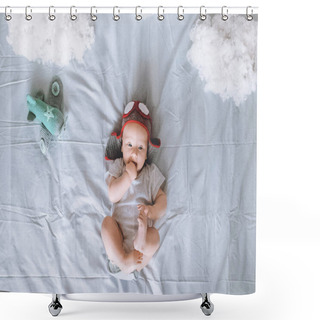 Personality  Top View Of Adorable Infant Child In Pilot Hat With Toy Plane Surrounded With Clouds Made Of Cotton In Bed Shower Curtains