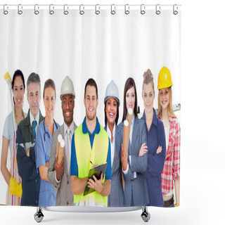 Personality  Group Of Smiling With Different Jobs Standing In Line Shower Curtains