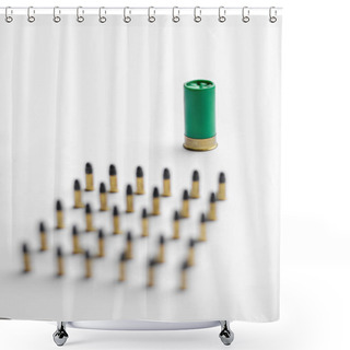 Personality  High Angle View Of Blurred Bullets Near Shotgun Shell On White Background  Shower Curtains