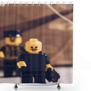 Personality  KYIV, UKRAINE - MARCH 15, 2019: Selective Focus Of Black Lego Figurine With Moustache And Smiley Face Shower Curtains
