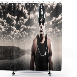 Personality  Swimmer Triathlon Man With Cap And Glasses Outdoor At Rough Sea Shower Curtains