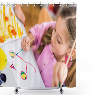 Personality  Selective Focus Of Cute Kid Painting On Paper With Paintbrush  Shower Curtains