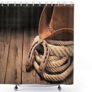 Personality  Horseshoe , Lariat Lasso And Cowboy Hat  Shower Curtains