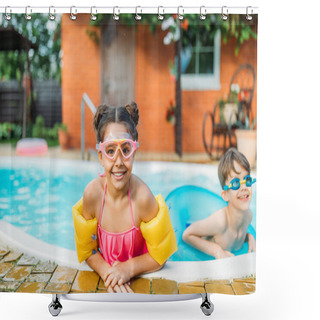 Personality  Portrait Of Little Siblings Swimming In Swimming Pool Together On Summer Day Shower Curtains