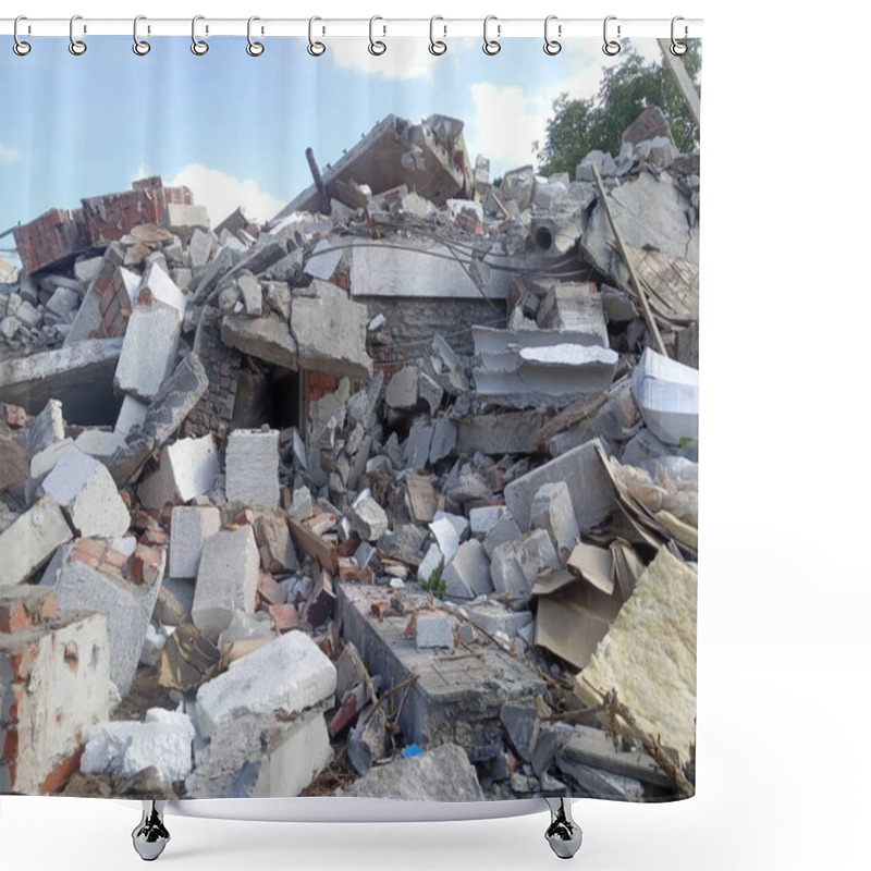 Personality  destroyed building, earthquake, pile of rubble and debris, landfill shower curtains