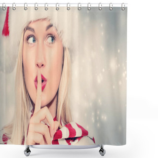 Personality  Woman With Santa Hat Making Quiet Gesture Shower Curtains