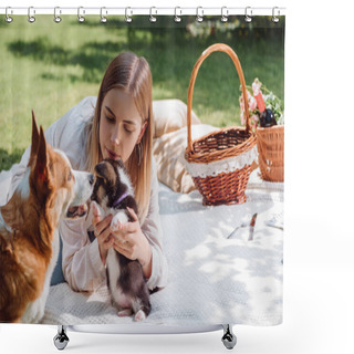 Personality  Attractive Blonde Girl Sitting On White Blanket In Garden With Cute Welsh Corgi Puppy And Dog Near Wicker Baskets Shower Curtains