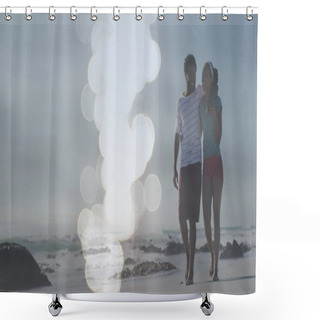 Personality  Image Of Dots Over Happy African American Couple Walking On Beach. Holidays, Vacations And Relax Concept Digitally Generated Image. Shower Curtains