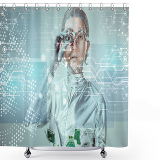 Personality  Futuristic Silver Cyborg Adjusting Eye Prosthesis And Looking At Digital Data Isolated On Grey, Future Technology Concept   Shower Curtains