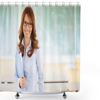 Personality  Smiling Teacher Standing In Classroom Shower Curtains